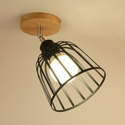 Industrial Caged Semi Flush Ceiling Fixture 1 Light Metal Rotatable Ceiling Light in Black