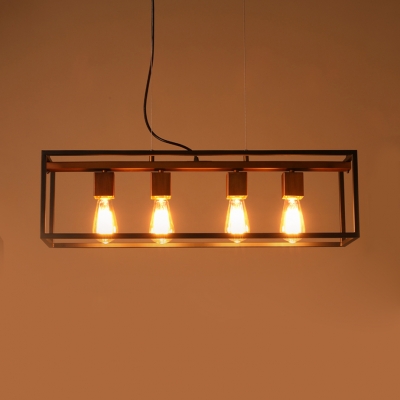 Industrial Style Rectangle Island Pendant Metal 4 Lights Black Hanging Light for Dining Room