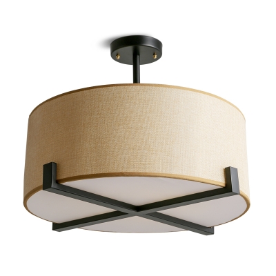 Japanese Style Beige Semi Flush Mount Light with Drum Shade Linen Ceiling Light for Living Room