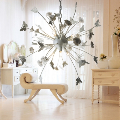Modern Plant Shape Chandelier Light 6 Lights Metal Hanging Light in White for Living Room Foyer