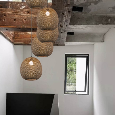 Oval LED Ceiling Light Single Light Bamboo Rustic Pendant Lighting for Living Room Hallway