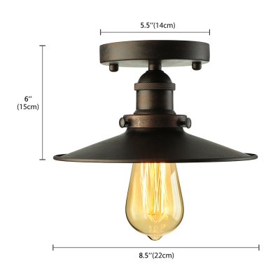 Rust Finish Semi Flush Ceiling Light in Shallow Round Shade Industrial Wrought Iron 1 Light Ceiling Lamp