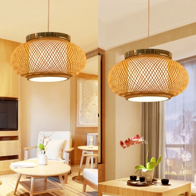 Rustic Beige Ceiling Fixture With Lantern Shape Single Light Bamboo