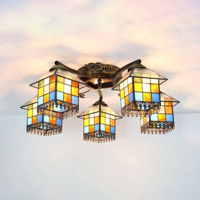 

Rustic House Shape Semi Ceiling Mount Light 5 Lights Stained Glass Overhead Light for Bedroom, HL522002