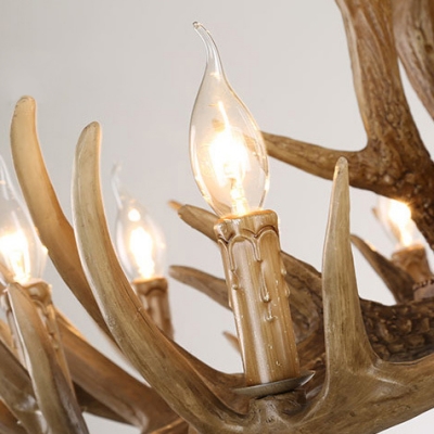 Rustic Style Candle Chandelier with Deer Horn Decoration 3/6/8 Lights Resin Pendant Chandelier for Restaurant