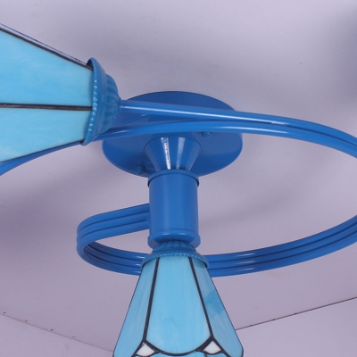 Rustic Style Cone Ceiling Light Glass 4 Lights White/Blue Semi Flush Mount Light for Bedroom