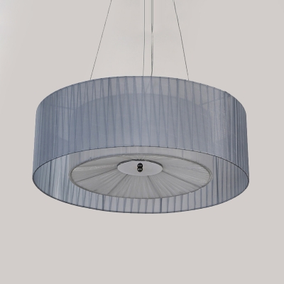 Simple Style Blue Chandelier Drum Shade 3 Lights Fabric Hanging Light for Bedroom Hotel