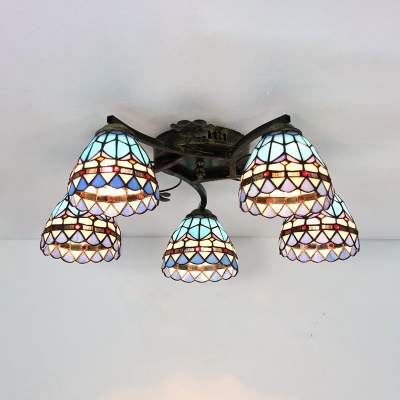 Stained Glass Cone Light Fixture 5 Lights Antique Semi Flush Mounted Light for Living Room