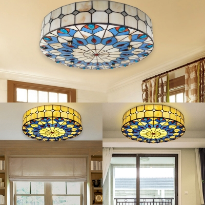 Stained Glass Drum Ceiling Light Dining Room Tiffany Style Antique Flush Mount Light