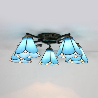 Tiffany Style Semi Flush Mount Light 5 Lights Beige/Blue/Clear Glass Light Fixture for Foyer