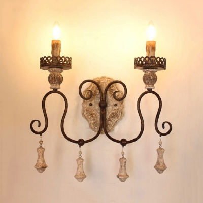 1/2 Lights Candle Shape Wall Light Antique Style Wood and Metal Sconce Light for Foyer Hallway