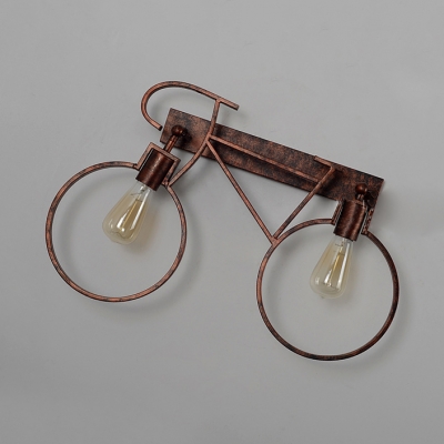2 Lights Bicycle Wall Sconce Light Vintage Metal Wall Light in Rustic Copper for Coffee Shop