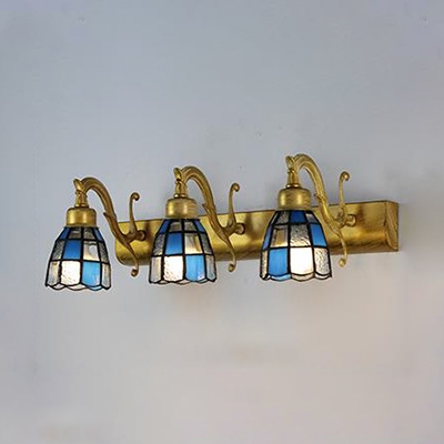 3 Lights Cone Wall Light Antique Style Blue/White Glass Sconce Light for Bathroom Hallway