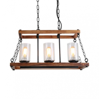 3 Lights Cylinder Island Pendant Light Wood and Clear Seeded Glass Rustic Island Lighting for Kitchen