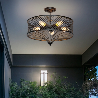 5 Lights Drum Hanging Light Vintage Metal Chandelier Lamp in Black for Dining Room
