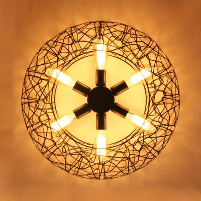 6 Lights Drum Pendant Lighting Industrial Metal Chandelier Light in Black for Hallway