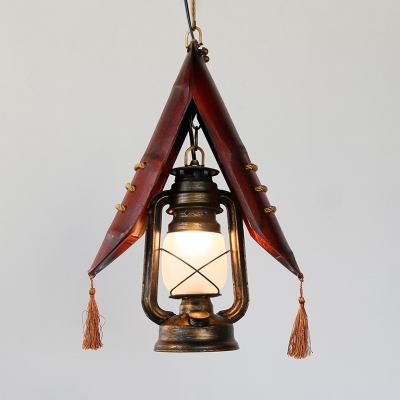 Antique Bronze Lantern Hanging Light with Tassel and Hanging Chain Vintage Asian Frosted Glass Pendant Lighting