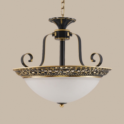 Antique Style Chandelier with White Dome Shade 3 Lights Metal and Frosted Glass Hanging Light for Restaurant