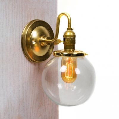 Antique Style Orb Wall Light Single Light Metal and Clear Glass Wall Sconce in Brass for Study