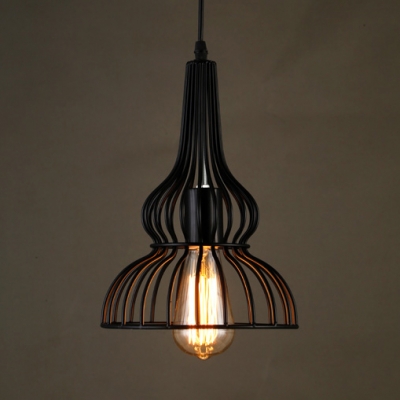 Black Gourd Pendant Lamp Single Light Antique Metal Hanging Light for Living Room