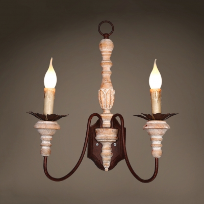 Candle Shape Wall Lamp Dining Room Foyer Wood and Metal 2 Lights Rustic Style Sconce Wall Light
