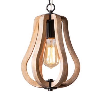 Coffee Shop Melon Shape Pendant Lighting Wood Single Light Rustic Style Beige Hanging Lamp