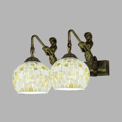 Glass Bell Globe Sconce Light 2 Lights Traditional Wall Lamp with Mermaid for Bathroom