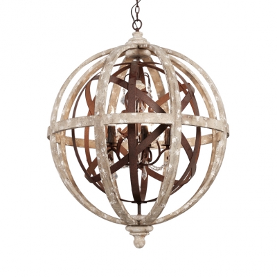 Globe Shape Pendant Light 5 Lights, Wood And Metal Globe Chandelier