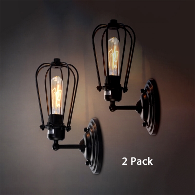 Antique Style Wire Frame Wall Sconce 2 Pack 1 Light Metal Sconce Light in Black for Bedroom Study