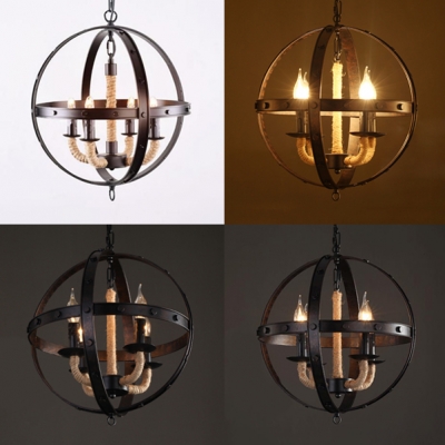 Kitchen Indoor Globe Shape Chandelier Light Metal and Rope 4 Lights Black Pendant Lighting