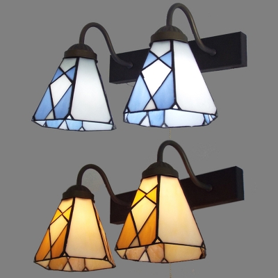 Living Room Cone Wall Light with Pull Chain Glass 2 Lights European Style Sconce Light in Beige/Blue