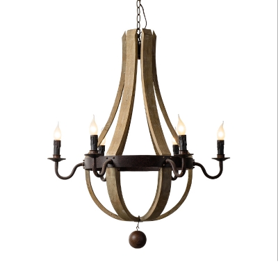 Metal and Wood Candle Shape Chandelier Dining Room 5/6 Lights Antique Style Hanging Light