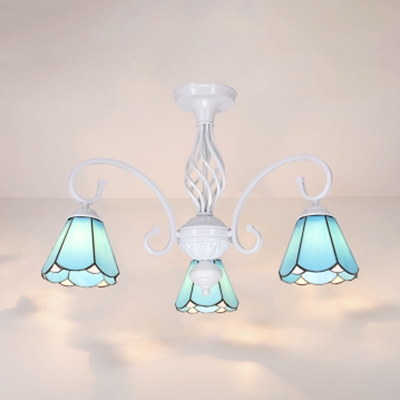 Metal Cone Semi Flush Light Dining Room 3 Lights Tiffany Style Ceiling Light in White/Sky Blue/Blue