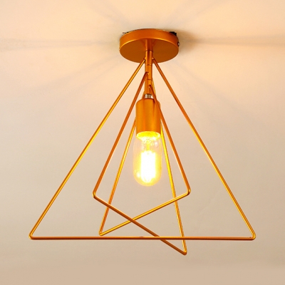 Metal Frame Semi Flush Mount Light with Triangle Shade One Light Industrial Ceiling Light in Gold