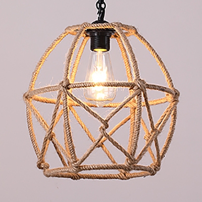 Rope Caged Hanging Lamp Dining Room Restaurant Single Light Vintage Style Ceiling Light in Beige