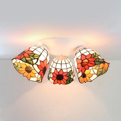 Rustic Style Flush Ceiling Light 3 Lights Stained Glass Flower Ceiling Lamp for Hotel