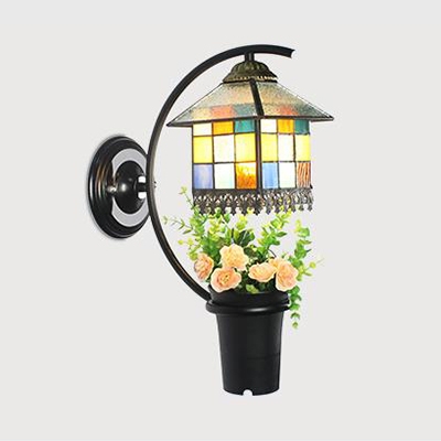 Rustic Style House Shape Wall Lamp Glass and Metal Colorful Sconce Light with Flower Decoration for Balcony