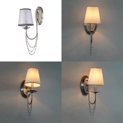 Simple Style Chrome Wall Lamp with White Tapered Shade 1 Light Fabric Metal Sconce Light for Hallway