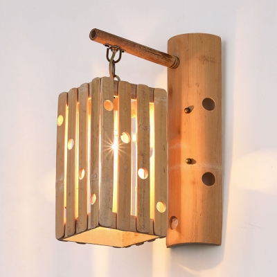 Square Shade Wall Lamp in Rustic Style 1LT Bamboo Hallway Sconce Wall Light in Wood, 25