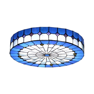 Stained Glass Drum Ceiling Fixture 1 Light Tiffany Style Flush Ceiling Light for Hotel
