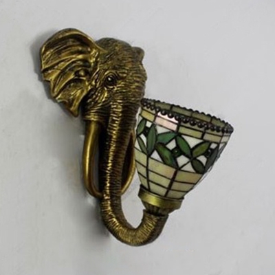Stained Glass Leaf Wall Light 1 Light Rustic Style Wall Sconce with Elephant for Hallway Stair