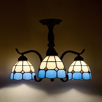 Stained Glass Semi Flush Light 3 Lights Leaf/Blue/Baroque/Rose Tiffany Style Ceiling Lamp for Study