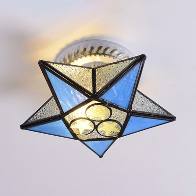 Stained Glass Star Semi Flush Mount Light Mediterranean Style Ceiling Lamp for Shop