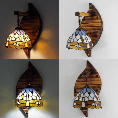 Tiffany Style Dragonfly Wall Sconce 1 Light Stained Glass and Wood Sconce Light for Cafe
