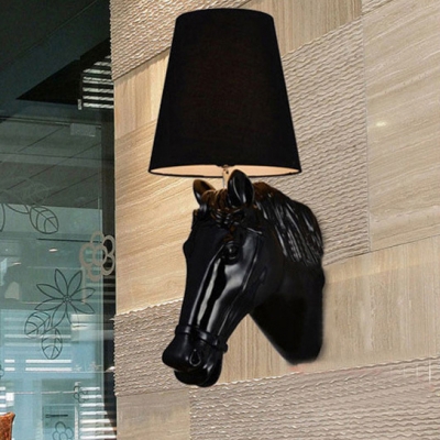 Traditional Sconce Light with Black/White Tapered Shade and Horse Decoration Single Light Resin and Fabric Wall Light for Hotel