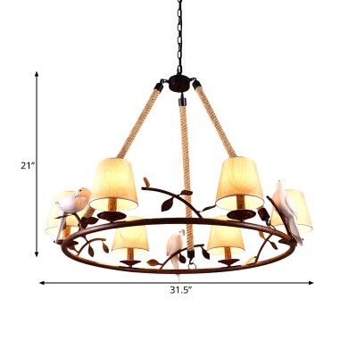 Vintage Style Ring Chandelier with Tapered Shade and Bird Decoration 3/6 Lights Metal and Fabric Pendant Light