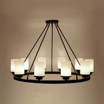 10 Lights Ring Hanging Light with Cylinder Shade Traditional Style Metal Chandelier in Black