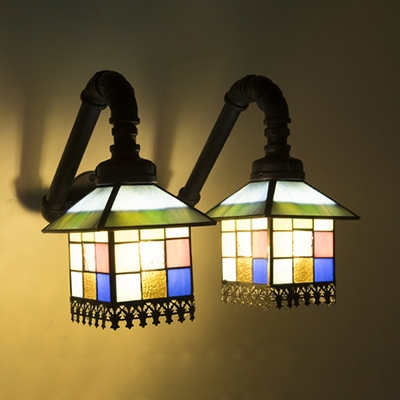 2 Lights House Wall Light Tiffany Style Stained Glass Sconce Light for Bedroom