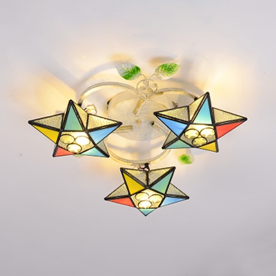 3 Heads Star Flush Mount Light Mediterranean Style Glass Ceiling Lamp for Living Room