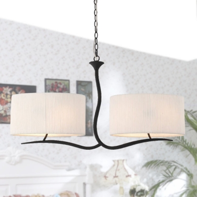 4 Lights Drum Shape Linear Chandelier Modern Metal Fabric Hanging Lamp in White/Black for Dining Room